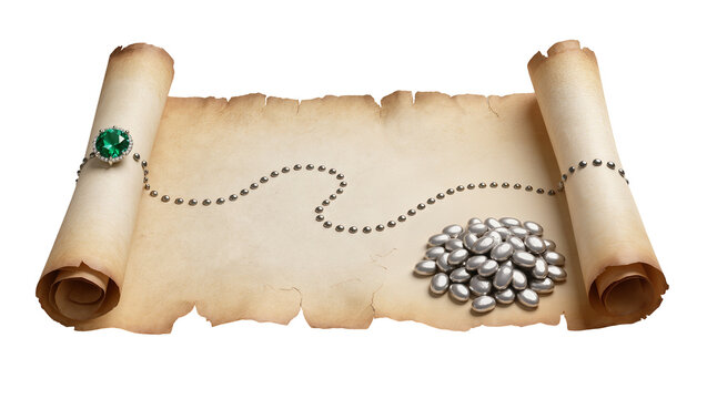Ancient treasure map with emerald ring and silver coins, isolated on transparent background