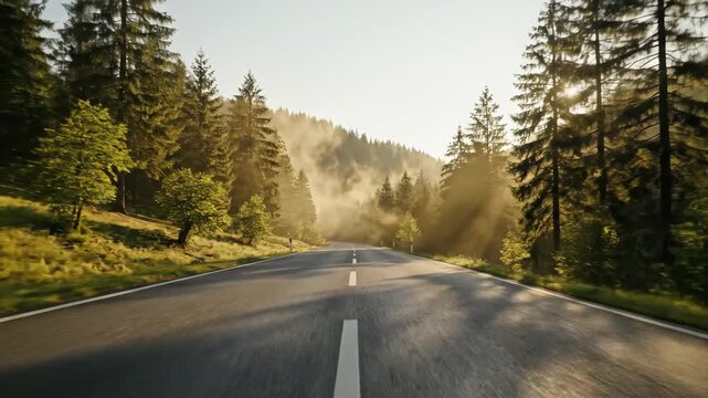 empty asphalt road winding through dense evergreen forest during golden hour. sunbeams shining through morning mist. peaceful nature journey, scenic drive and travel adventure concept.