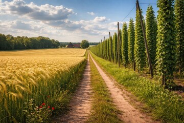 Obraz premium Summer farming landscape with dirt path separating barley and hop plantations