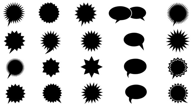 Various black speech bubbles and icons on a white background for communication