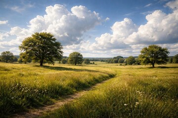 Naklejka premium Relaxing countryside canvas featuring open grassland, isolated trees, and billowy white clouds