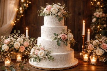 Naklejka premium White wedding cake decorated by floral and leaf motifs set against a wooden backdrop