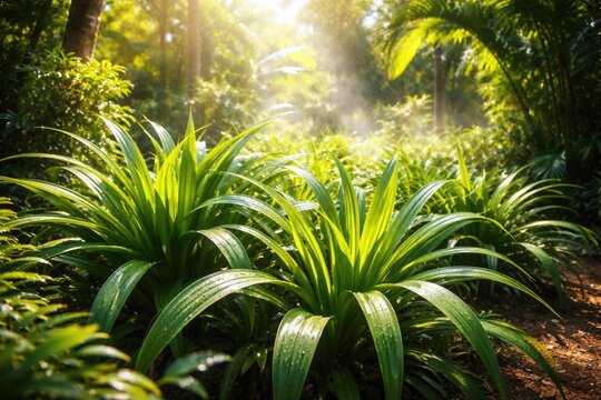 Sunlit tropical garden showcasing fresh pandan plants emitting exotic Asian aromas