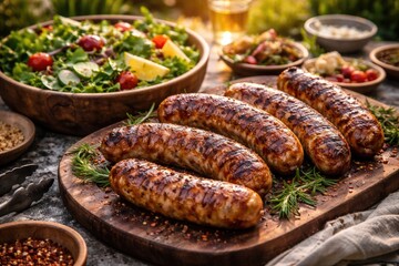 Obraz premium Tasty artisanal sausages grilled to perfection alongside fresh green salad in an open air feast