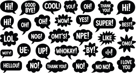 Vector illustration of expressive speech bubbles with comic phrases representing communication and pop art design themes © Mossadessur Rahman