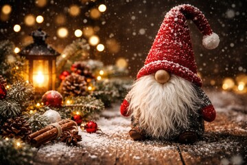 Naklejka premium Scandinavian gnome in festive setting perfect for Christmas advent and copy space greeting card