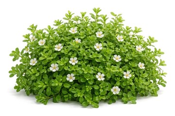 Obraz premium Full view of Bacopa monnieri Brahmi plant showcasing dense green leaves and fragile white flowers on white background