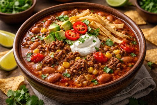Savory taco soup made with ground beef and pinto beans