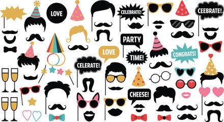Vector illustration of party photo booth props with mustaches, glasses, hats, and speech bubbles representing celebration themes © Creative Stoker