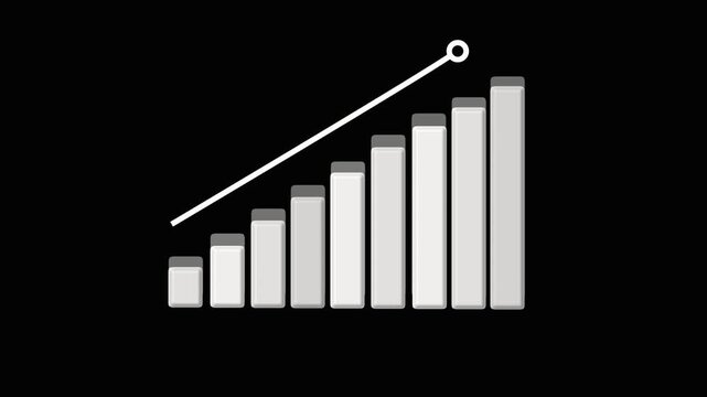 Bar chart animation with grayscale gradient. Bar chart increasing growth heights. Bar chart business performance graphic on black background.