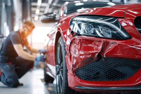 A red sports car with a damaged front fender being inspected and repaired by a mechanic in a modern auto repair shop with bright workshop lighting