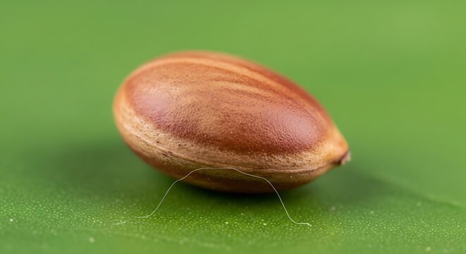 Close up of a single peanut in shell resting on a vibrant green leaf surface