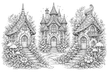 Obraz premium Vector style black and white fairy houses with ornamental accents for coloring