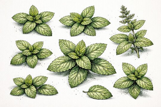 Set of hand drawn mint leaf sketches against a plain white panel background