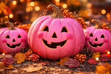 Naklejka premium Vibrant pink pumpkins adorned with playful smiles for autumn celebration decor