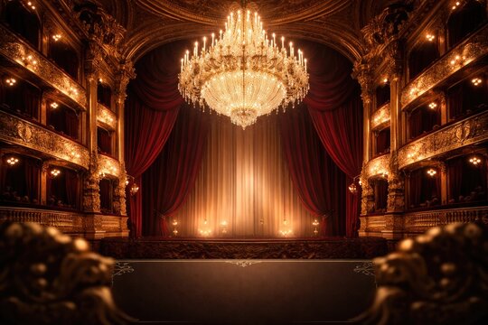 Luxurious chandelier enhancing opera house interior with theatrical glow and text insertion space