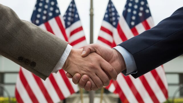 Business Partnership Handshake with American Flags for Corporate Agreement and USA Trade Concepts