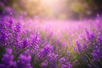 Fototapeta premium Bright purple floral field highlighted by a soft bokeh natural background with copy space
