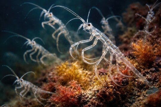 Marine life portrait featuring ghost shrimps also known as Caprella skeleton shrimp