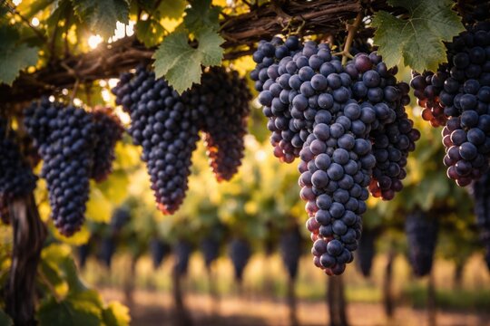 Malbec grape clusters ready for harvest on vineyard trellis