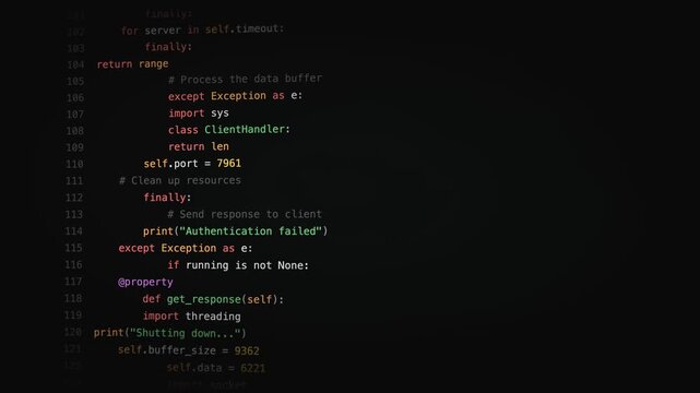 Close-up shot of multicolored Python code on a dark monitor. Detailed syntax with classes, functions, and exceptions, perfect for illustrating software, coding, or developer workflow.