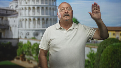 Man raises right hand in front of the leaning tower of pisa building, wearing polo, palm upright and gaze upward, senior hispanic tourist pose  travel nostalgia. © Krakenimages.com