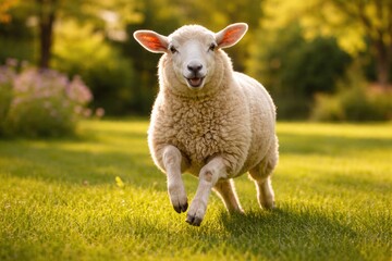 Fototapeta premium Playful pet ewe running through fresh green grass lawn on warm summer afternoon full length