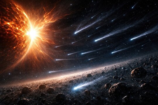 Solar flare casting light on comet trails from the Oort Cloud with Kuiper Belt in view