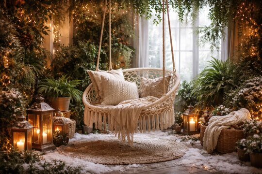 Photoshoot backdrop of cozy indoor winter garden with macrame swing and greenery