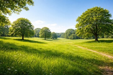 Naklejka premium Summer day backdrop with vivid green grass meadows and scattered trees under clear sky