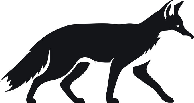 Black silhouette of a fox walking, a wild canine predator known for its cunning and agility, often depicted in folklore and nature imagery