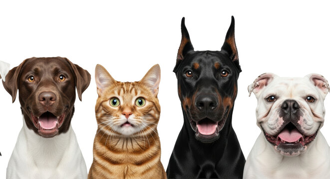 five diverse domestic animal heads (dogs and cat) with exaggerated happy and surprised expressions, tightly composed in a high-key commercial studio portrait on gray. Concept for pet companionship
