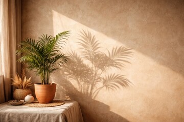 Fototapeta premium Boho inspired minimalist scene of potted plant shadow on textured beige plaster surface