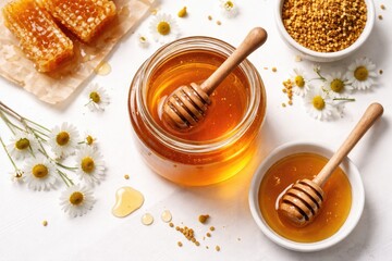 Fototapeta premium Fresh honey setup featuring wooden dipper on a white surface from top