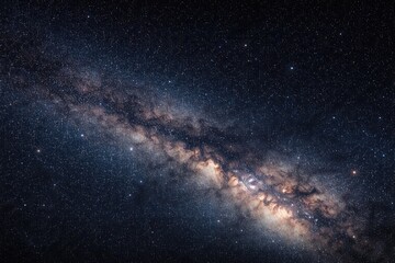 Fototapeta premium Star filled milky way night sky panorama with dark backdrop and visible grain