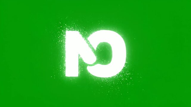A glowing white logo appears on a green background with light effects