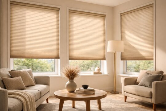 Interior scene showing modern windows equipped with 50 millimeter fold pleated beige shades