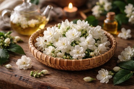 Symbolic white Arabian jasmine flowers displayed in bamboo basket for tea and aromatherapy benefits