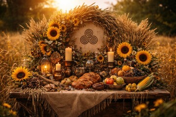 Naklejka premium Sunflowers and wheat ears decorating a traditional Lughnasadh altar setup