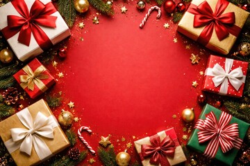 Naklejka premium Red backdrop featuring festive gift boxes from above with ample text space for seasonal greetings