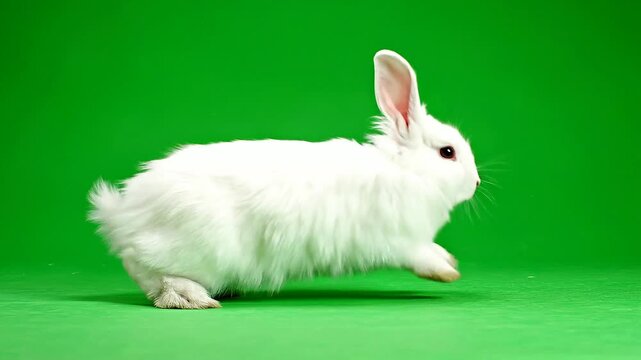 A fluffy white rabbit runs across a green surface towards the right.