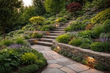 Obraz premium Outdoor landscaping showing sloping plot stone paving and raised beds with diverse greenery