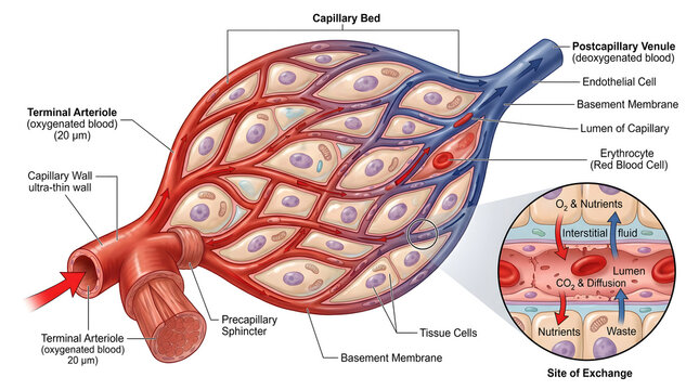 Capillary bed illustration showing transition from terminal arteriole to post‑capillary venule, with single‑layer endothelial walls, basement membrane, tissue cells and labeled exchange region for oxy