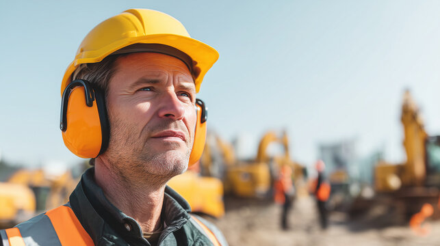 Construction worker wearing safety helmet and ear protection at industrial site, engineering and workplace safety concept.