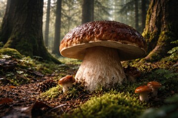 Fototapeta premium Porcini mushroom growth among towering trees in rich woodland setting