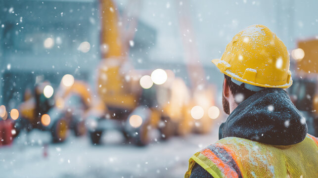 Construction worker wearing reflective vest and hard hat during snowfall at industrial site in winter conditions.