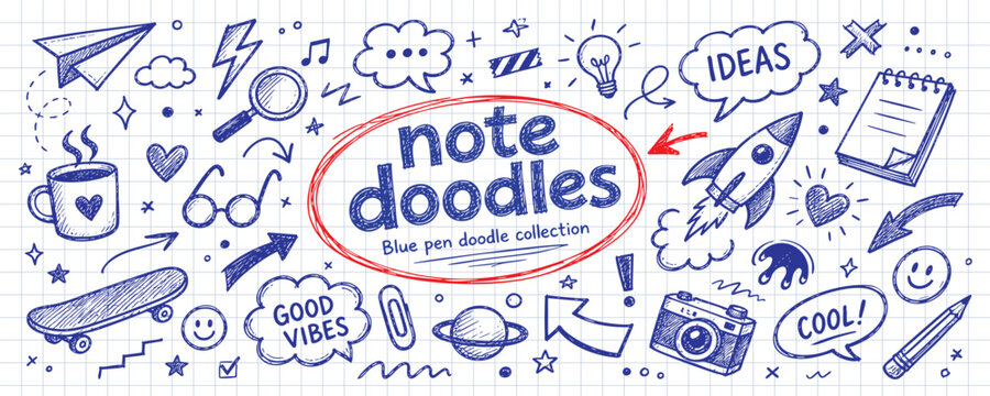 A collection of hand-drawn blue pen doodles featuring school and office supplies, creative icons, and speech bubbles on a grid paper background.