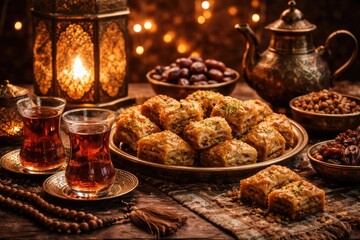 Naklejka premium Rustic Ramadan and Eid themed still life including tea, baklava and vintage photographic tone