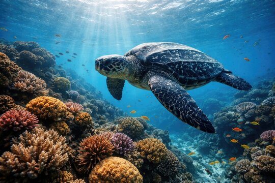 Captivating view of a leatherback sea turtle exploring coral reef