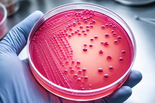 Petri dish with MacConkey agar used for culturing Escherichia coli bacteria selectively